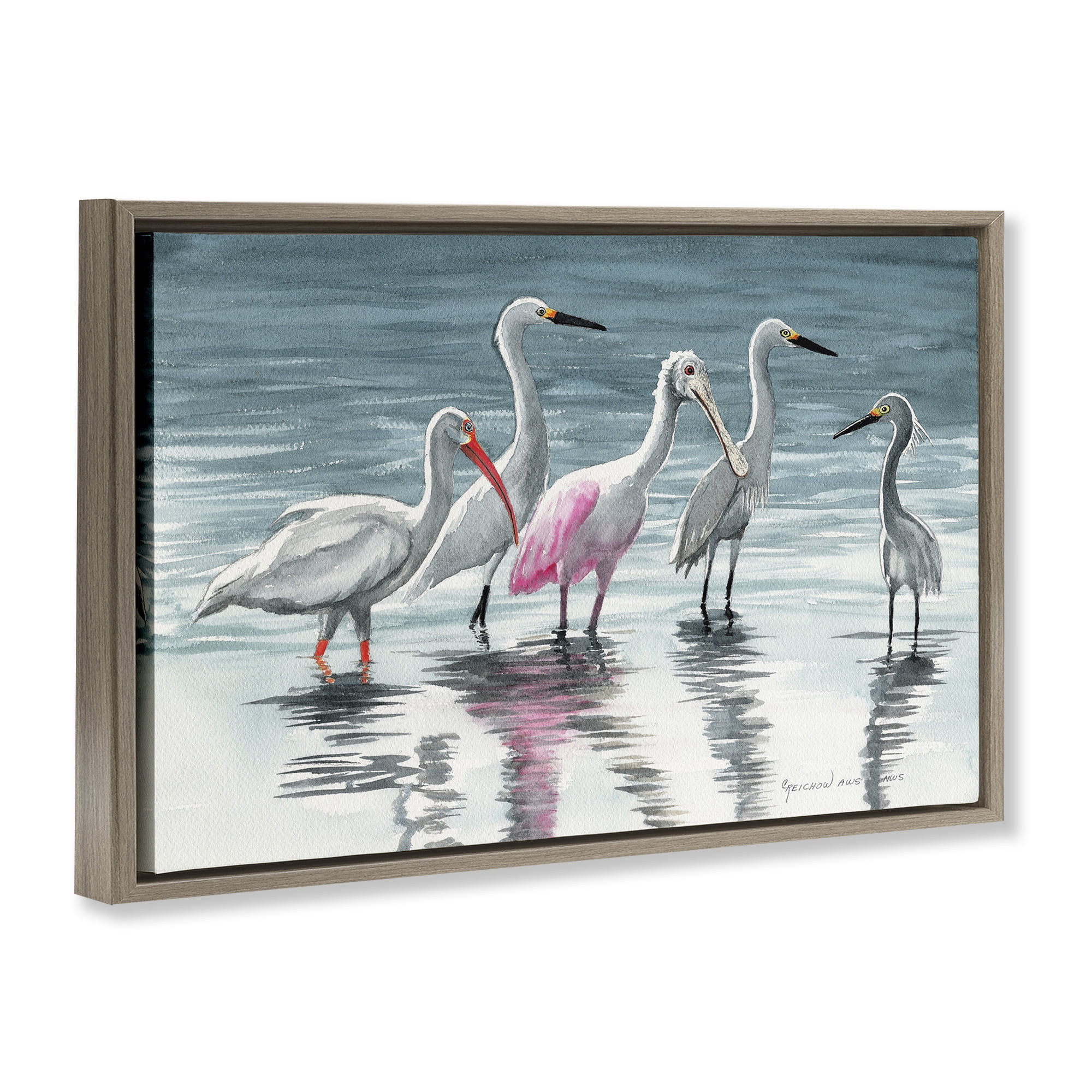 Stupell Industries Herons Stepping in Shore Animals & Insects Painting Brown Floater Framed Canvas Art Print Wall Art, 31 x 21
