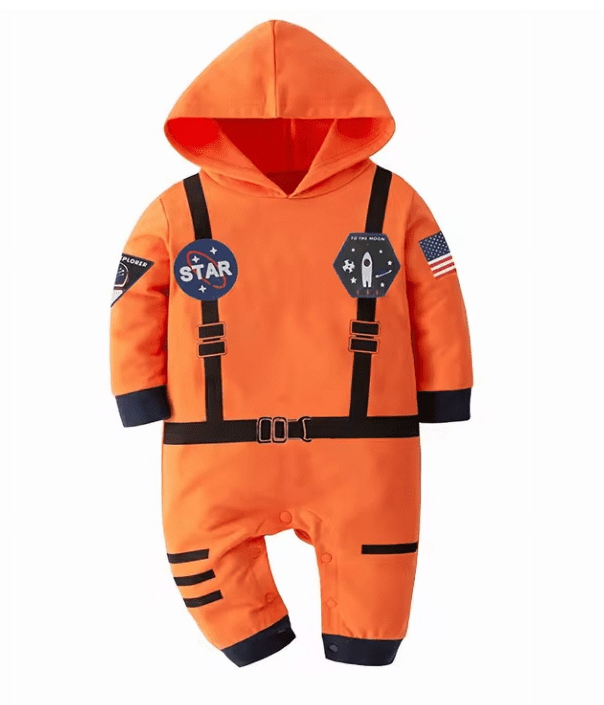 StylesILove Baby Toddler Boy Long Sleeve Astronaut Cotton Onesie Hooded Romper Cosplay Party Halloween Jumpsuit Outfit (24 Months, Orange - Long Sleeve)