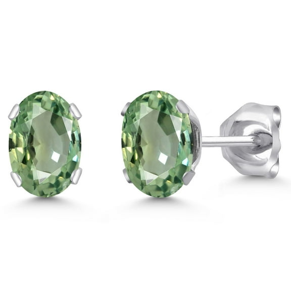 Gem Stone King 925 Sterling Silver Green Sapphire Stud Earrings for Women | Gemstone Birthstone | 1.10 Cttw | Oval 6X4MM