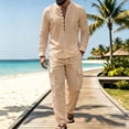 thumbnail image 6 of Miqool Mens 2 Piece Outfits Linen Stand Collar Long Sleeve Shirt Loose Workwear Pants Matching Set Casual Loungewear Tracksuit S‑3XL, 6 of 8