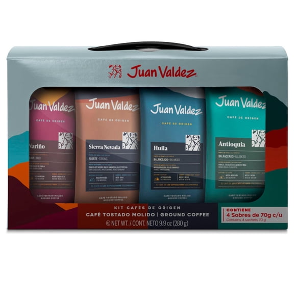 Juan Valdez | Kit con 4 sobres de café molido Línea Orígenes: Antioquia, Sierra Nevada, Huila, Nariño | 4 Bolsas de 70 g cada una