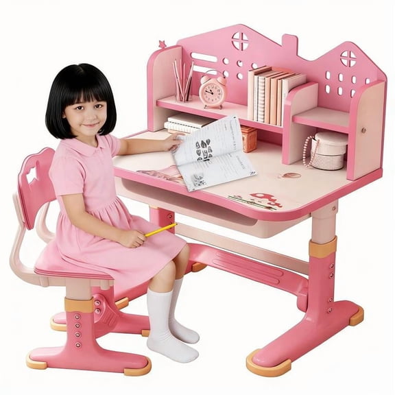 Adjustable Height Kids Study Desk & Chair Set, Children's School Study Writing Table with Posture Correction,Features Large Writing Surface, Storage Cabinet and Drawers,Computer Desk for Children
