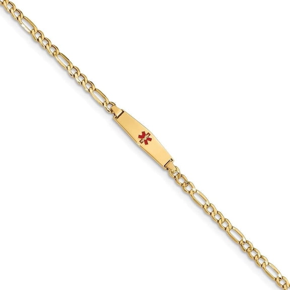 Primal Gold 14 Karat Yellow Gold Medical Semi-Solid Soft Diamond Shape Red Enamel Figaro ID Bracelet