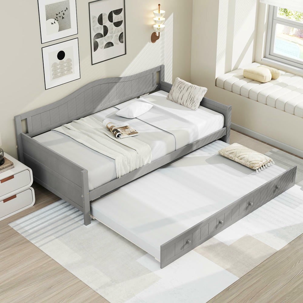 Barara King Twin Size Bedroom Trundle Bed Frame with Trundle and Slats Support on Wheels, Bed Platform Frame for Bedroom, Apartment, Gray