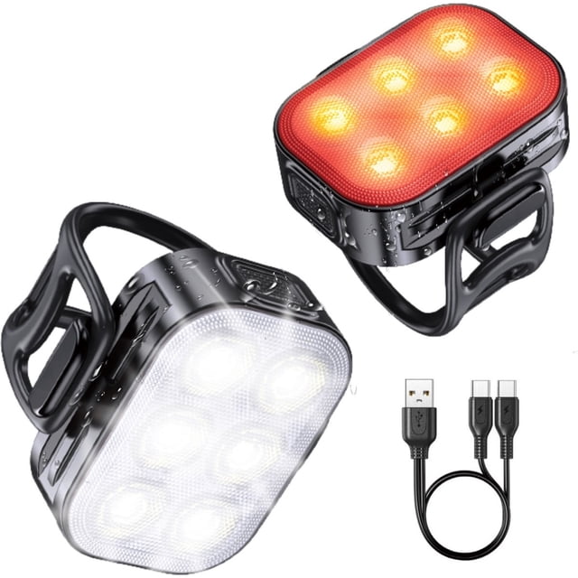 Juego de luces LED para bicicleta - Luz delantera / Luz trasera - Luces rojas y blancas para bicicleta - Faro delantero para bicicleta - Resistente al agua - Recargable por USB