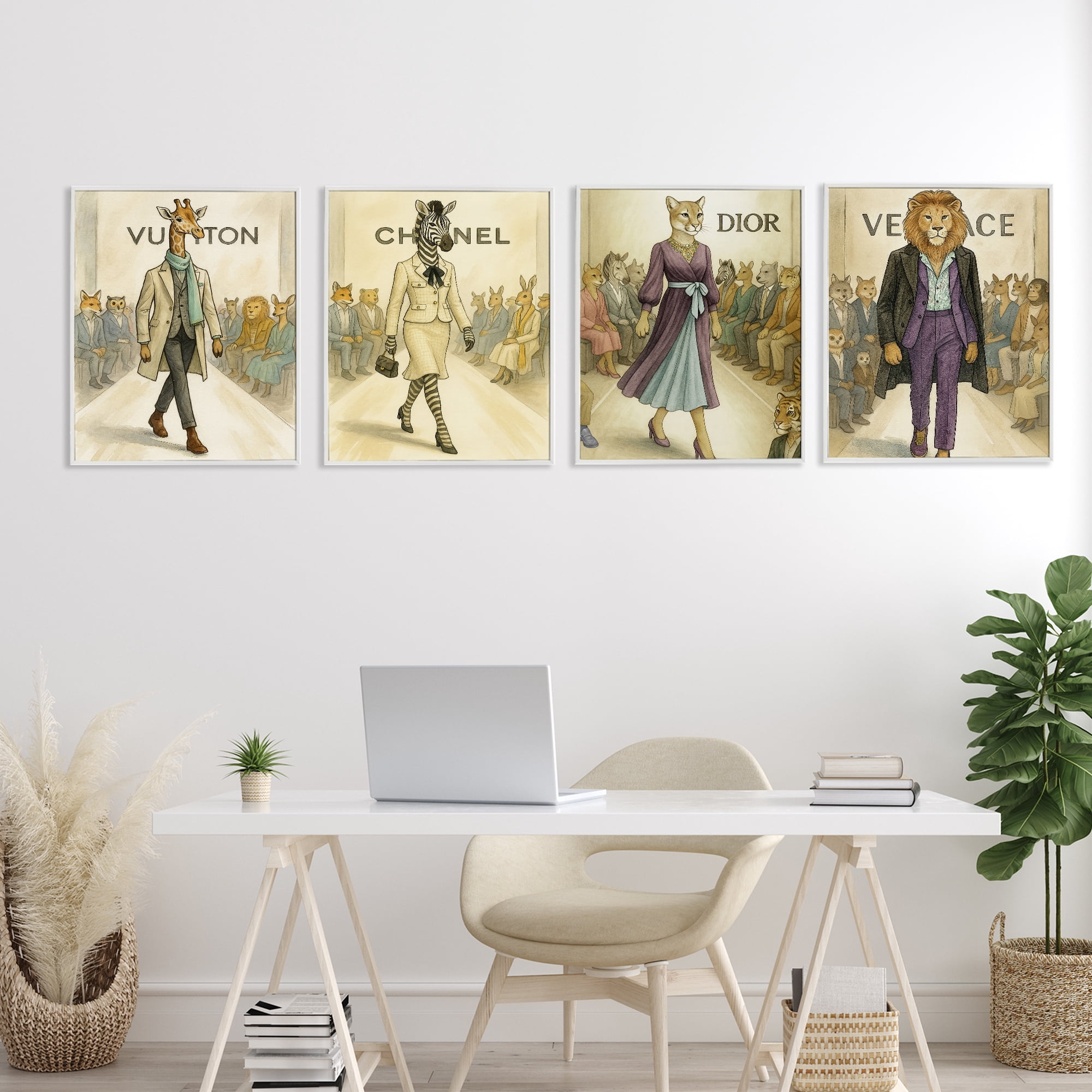 Stupell Industries Fashion Runway Animals 4 Piece White Framed Giclee Art Set, design by Grotto Studios