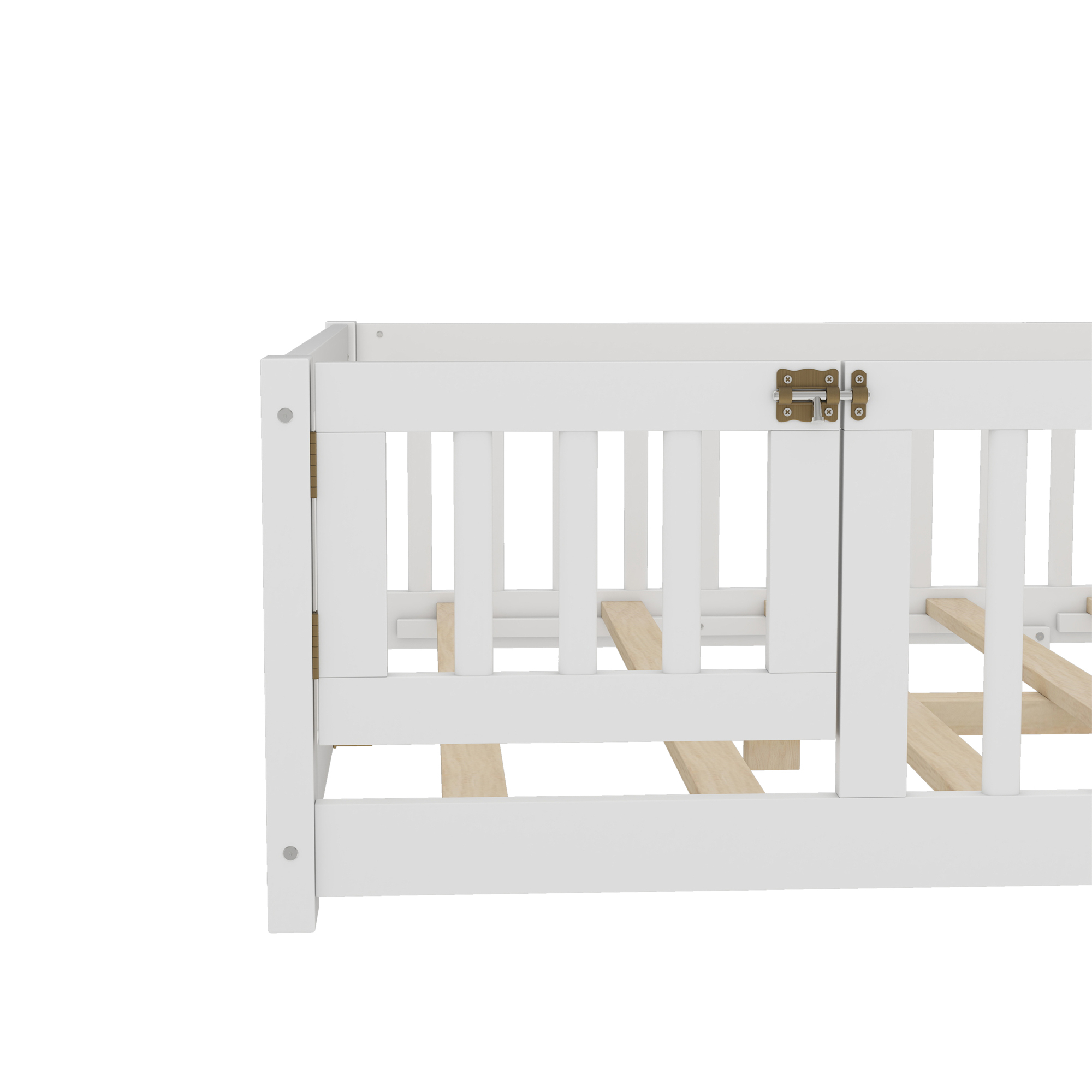 Jopath Full Size Floor Bed Frame,Montessori Bed with Guardrails and Door,with Slatted Base,for Kids,Boys,Girls,White