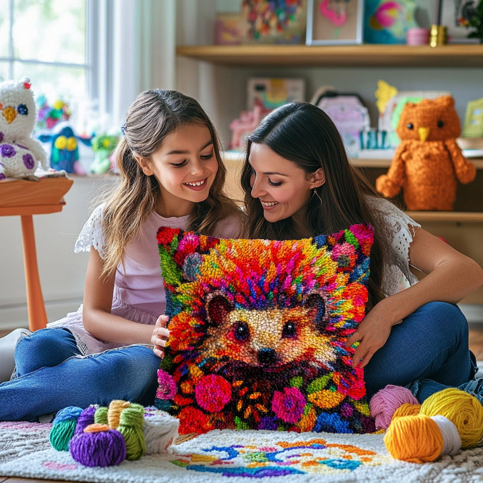 Cartoon Hedgehog DIY Latch Hook Pillow Kits for Adults Printed Pillowcase Crochet Yarns Hooking Handmade Pillow Cover Cushion for Home Sofa Decoration 17x17inch