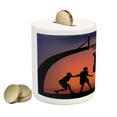 thumbnail image 2 of Teen Room Piggy Bank, Boys Playing Basketball at Sunset Horizon Sky Dramatic Scenery, Ceramic Coin Bank Money Box for Cash Saving, 3.6" X 3.2", Dark Coral Black Yellow, by Ambesonne, 2 of 4