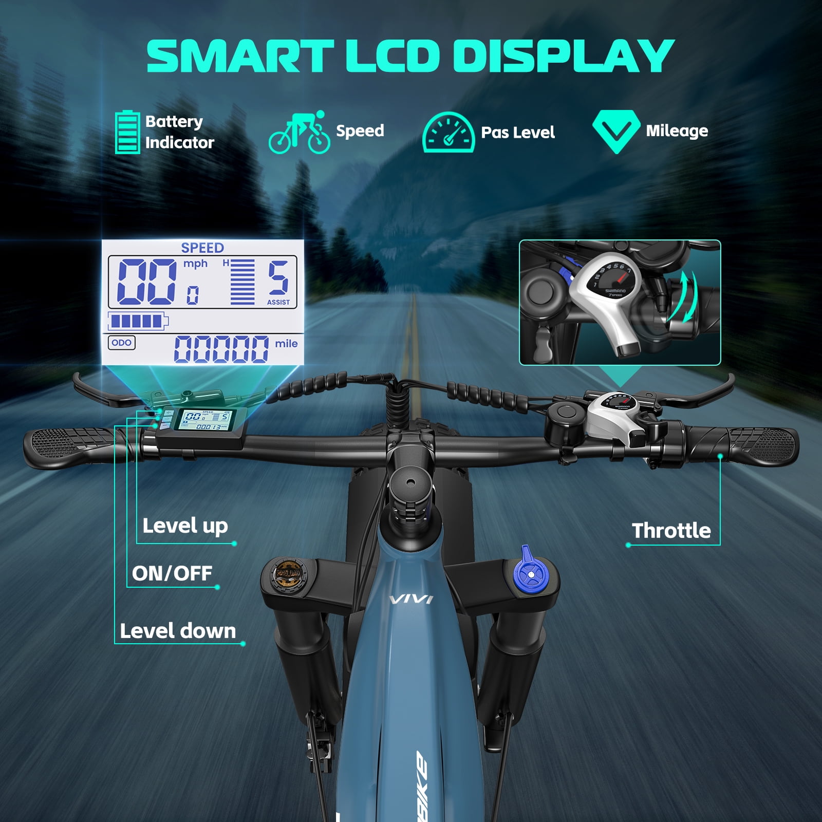 Vivi 26" x 4.0 Electric Bike for Adults, Peak 1475W Motor Fat Tire Ebike, 25MPH Electric Mountain Bike, 60Miles Electric Bicycle with 48V 15AH Battery, Torque Sensor, 7 Speed, Hydraulic Brake, 2849