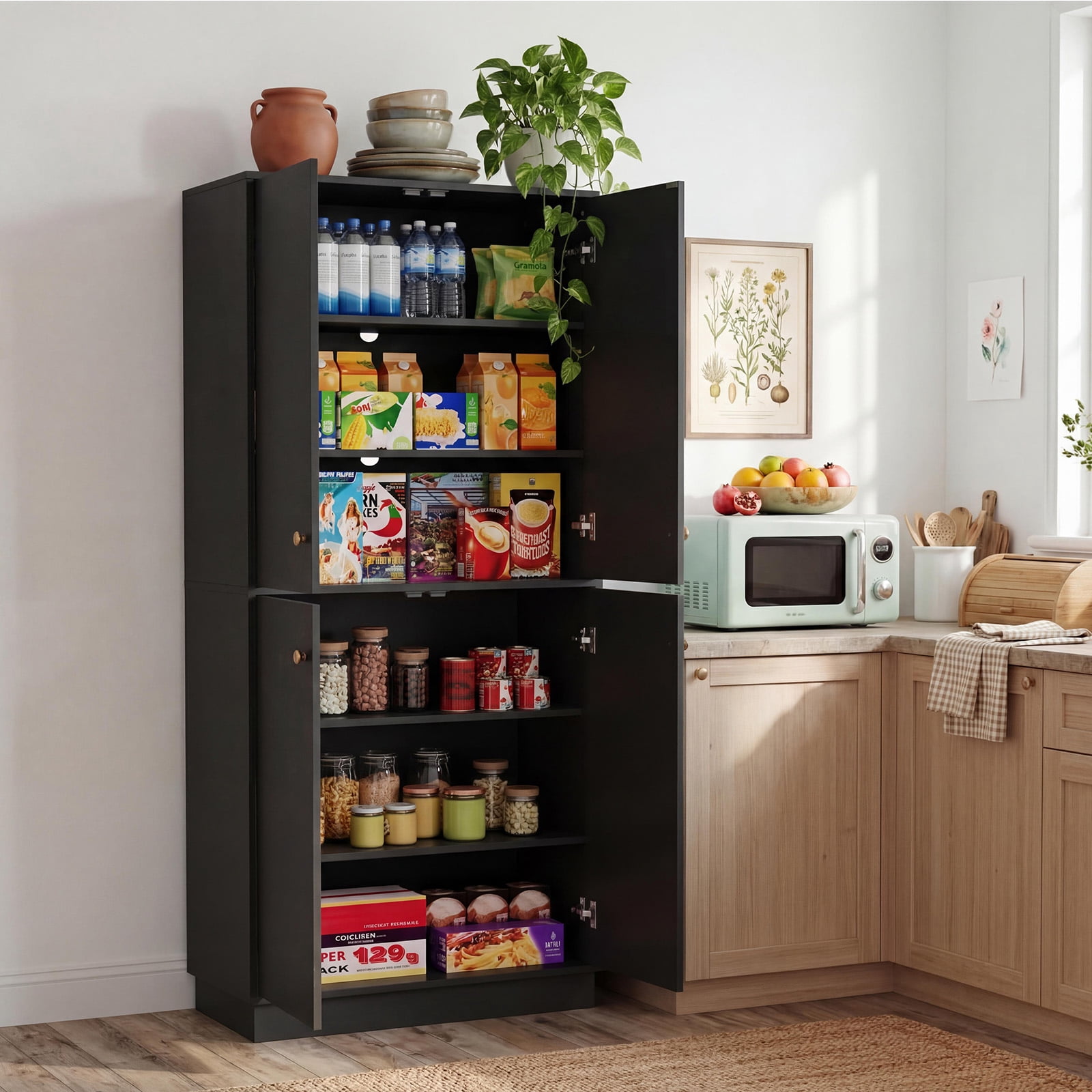 Garvee 67.3" Tall Pantry Cabinet, 4-Door Kitchen Food Storage Cabinet with Adjustable Shelves, Freestanding Pantry Cupboard Organizer for Dining Room, Living Room, Utility Room, Black