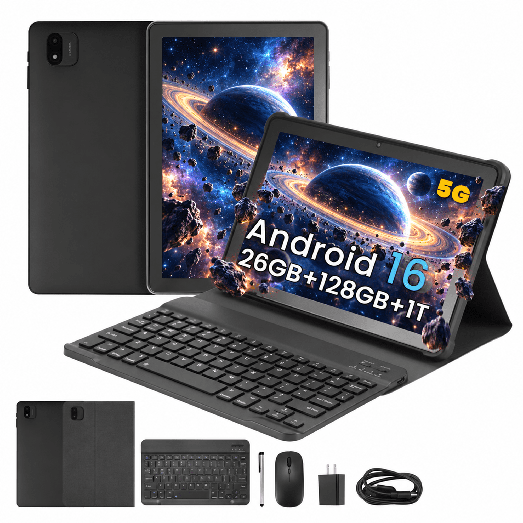 Android 16 Tablet, 10.1-inch 1280 x 800 HD Display, 26GB RAM, 128GB Storage, 1TB Expandable, WiFi, Bluetooth 5.0, Dual Camera, 8000mAh Battery, Black