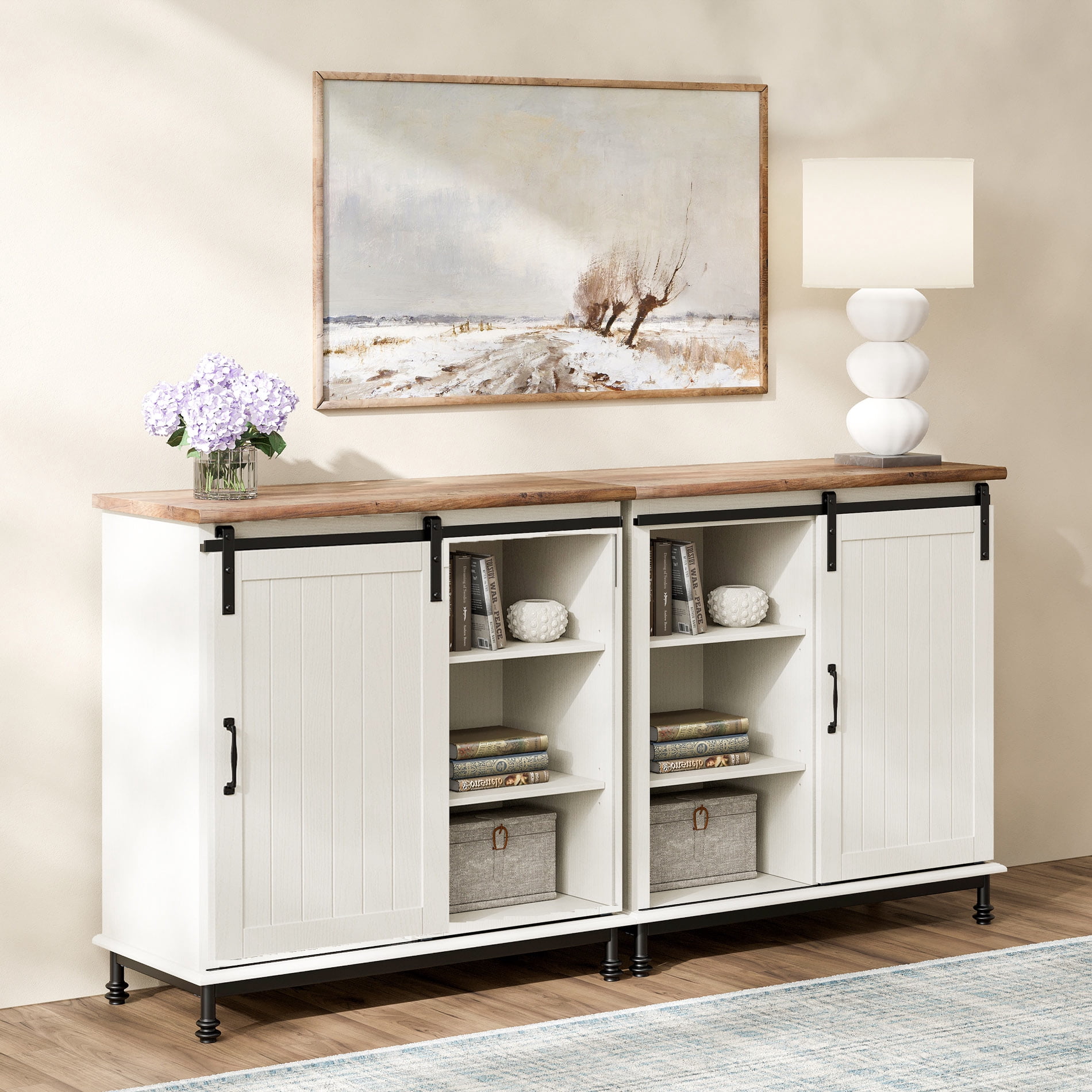 WAMPAT 70" Farmhouse TV Stand with Sliding Barn Door, Modern Entertainment Center for Living Room, Storage Buffet Cabinet, Accent Cabinet Entryway Storage Table