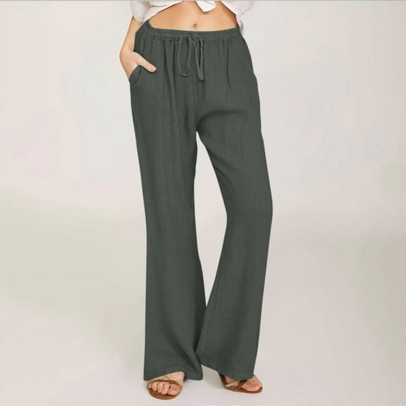 HAOTAGS Wide Leg Linen Pants for Women Loose Cotton Linen with Pocket Solid Trousers Pants Dark Gray Size L