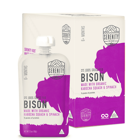 (6 Pack) Serenity Kids Stage 2 Baby Food  Grass Fed Bison Organic Squash and Spinach  3.5 oz
