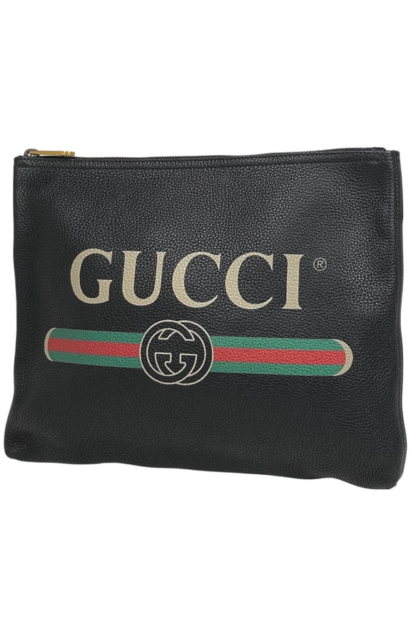 Pre-Owned Gucci Logo Portfolio Clutch Bag, Sherry Line Web Black Leather, 500981, Women's