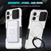 Case for iPhone 16, with Sliding Camera Cover & Ring Kickstand, Military Grade Drop Protective Hybrid Shockproof Anti-fall Phone Case Cover for iPhone 16, White
