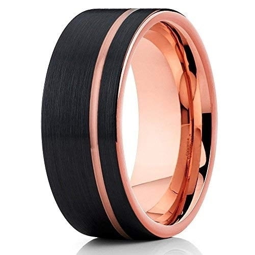 Silly Kings Jewelry Tungsten Wedding Band 12mm Rose Gold Tungsten Ring Black Brushed Tungsten Offset Groove Comfort Fit