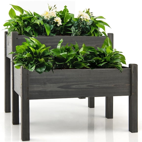 Spaco 2 Tier Wooden Raised Garden Bed with Legs Drain Holes, Planter Raised Beds, Planter Boxes Outdoor, Raised Beds for Gardening-Gray