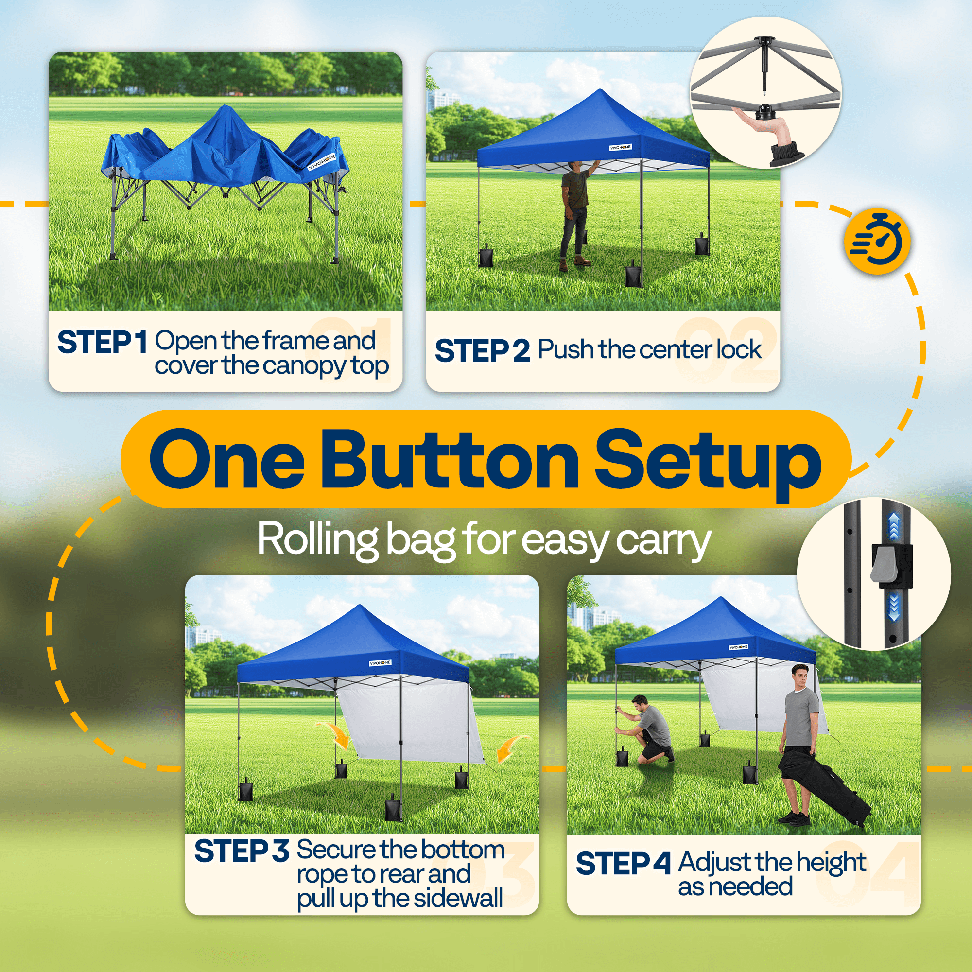 SPECSTAR 10x10 Heavy Duty Pop Up Outdoor Canopy Tent with Center Lock, Commercial Instant Waterproof Canopy Tent with 1 Side Wall Setup Easy for Events Parties Camping, Blue