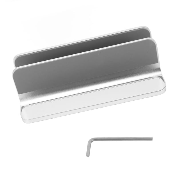 Soporte vertical para portátil de aleación de aluminio plateado con almohadilla de silicona moldeada de una pieza, base regulable, soporte para computadora portátil para el hogar