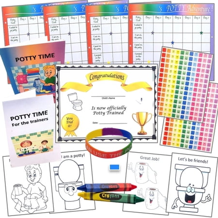 Potty Training System-Kit/Guide—320 Pieces- Parent Guide, Trainee Book, Rainbow Charts (4Wks), Color Sheets, Crayons (4 Colors) 308 Stickers, Certificate, Bracelet, Wall Putty- Ages 18 Mos- 4 Yrs