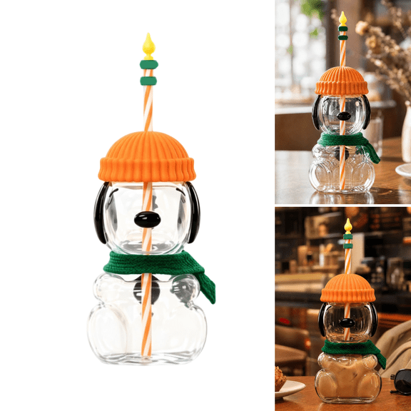 Decorative Dog Glass Cup with Straw, Unique 3D Dog Figure Glass Tumbler, 20oz Clear Glass Water Cup with Fabric Scarf Ornament, Holiday & Birthday Gift