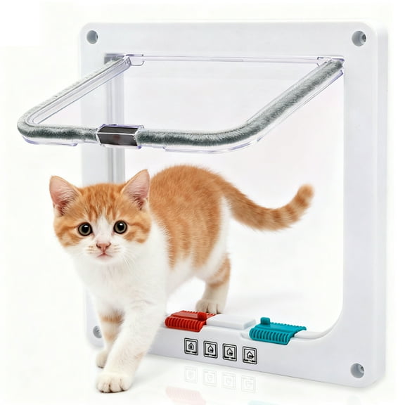 TCFUNDY 4-Way Lockable Small Pet Door Cat Door for Walls Windows with Brush Edges, 5.7" x 6.1", White