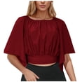 thumbnail image 2 of QUNYINEY Spring Tops for Women Casual Solid Short Batwing Sleeve Crew Neck Blouses Slim Crop Pleated Tops, 2 of 7