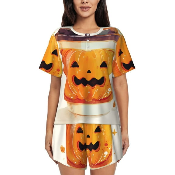 Halloween Pumpkin Coffee Cup (3) Womens Pajamas Short Set Soft Short Sleeve Sleepwear Button Down Pjs Set with Pockets S XXL Small