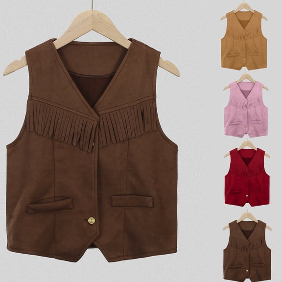 Lkhaha Kids Western Fringe Vest Suede V-Neck Button-Up Waistcoat Cowboy Cowgirl Outerwear Brown 3-4 Years