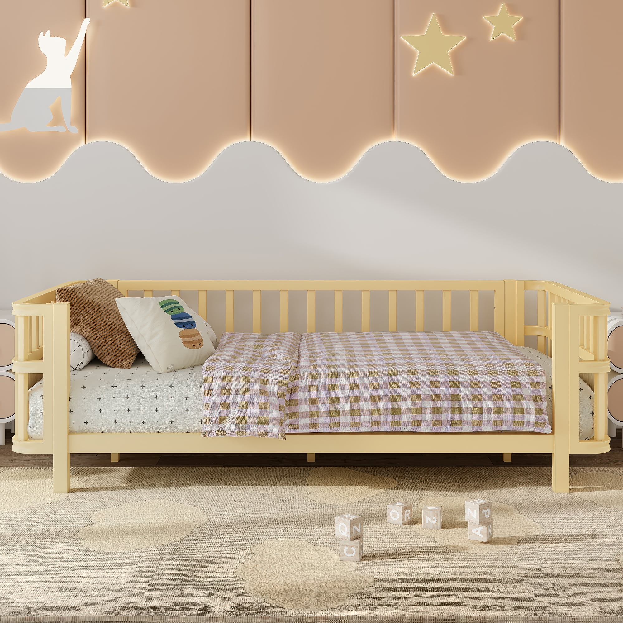 Miniyam Kids Twin Fence Bed with Safety Rails, Low Profile Platform Bed for Children, Sturdy Slatted Support, Natural