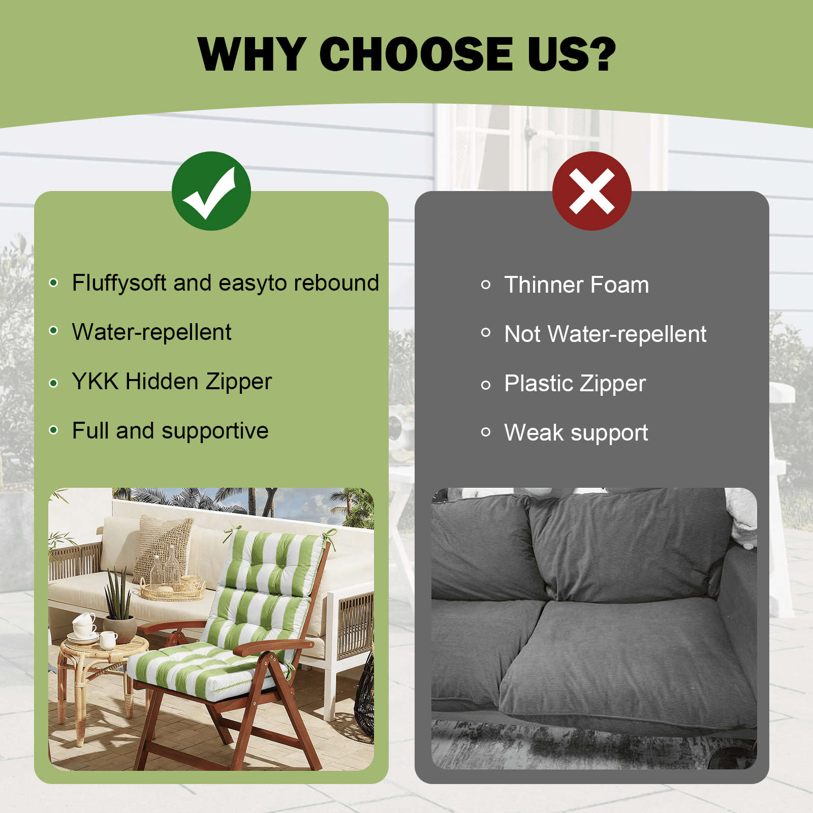Vacmaster Patio High Back Chair Cushions Set of 2 - Outdoor Dining Chair Pads,Waterproof Replacement Seat Pad,for Rocking and Lounge Chairs,Indoor & Outdoor Furniture Cushions,Grass Green Stripes