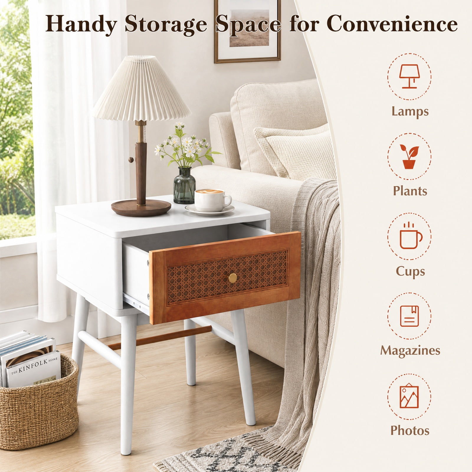 Furnibear 1-Drawer Modern Bedside Table with Solid Wood Legs for Bedroom Living Room Bedside Sofa Side Small Space, White