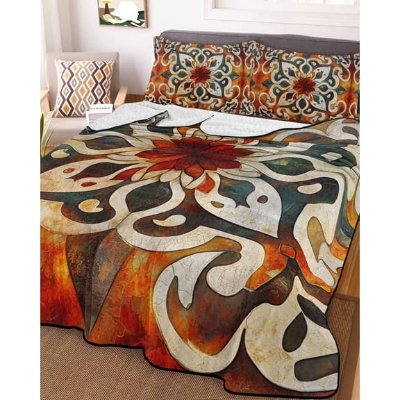 Burnt Orange Green King Size Down Alternative Comforter, Lightweight Comforter Quilt Bedding Set with Pillow Shams Vintage Abstract Flowers All Seasons Bed Comforter Duvet Insert 96"x106"