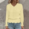 thumbnail image 2 of APEXFWDT Women's Eyelet V-Neck Blouse Long Sleeve Smocked Waist Casual Shirt Solid Color Elegant Dressy Shirt,S,Yellow, 2 of 8