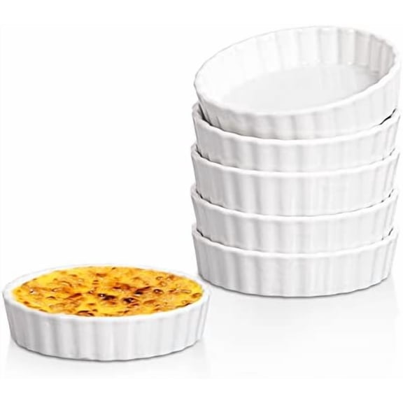 Creme Brulee Ramekins - 6 Piece Set, 8 oz Round Fluted Quiche Dishes, Oven Safe, White$$Home Decor, Kitchen, & Other