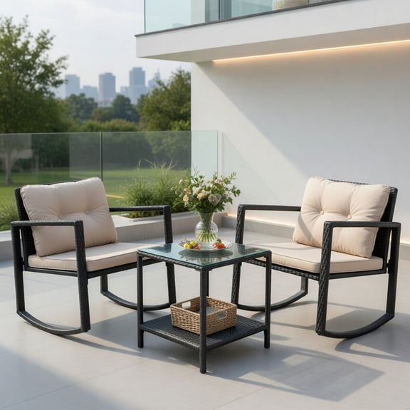 Kadyn 3-Piece Wicker Rocking Bistro Set – Beige PE Rattan Chairs with Tempered Glass Coffee Table & Storage Shelf for Patio, Backyard, Deck