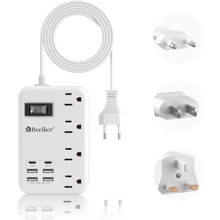 European travel plug adapter, US to European travel power strip with 6 (2) 4 outlets, universal travel power adapter with 3 foot extension cord suitable for cruising