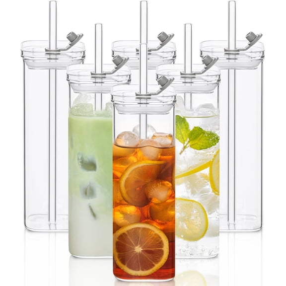6 Sets Square Drinking Glass Cups, Old Fashioned Glasses, 17 Oz Square Glasses, Clear Highball Modern Glassware Tumbler Mixed Drinkware with Straws for Cocktail Coffee Juice Beer (Square-6PCS)