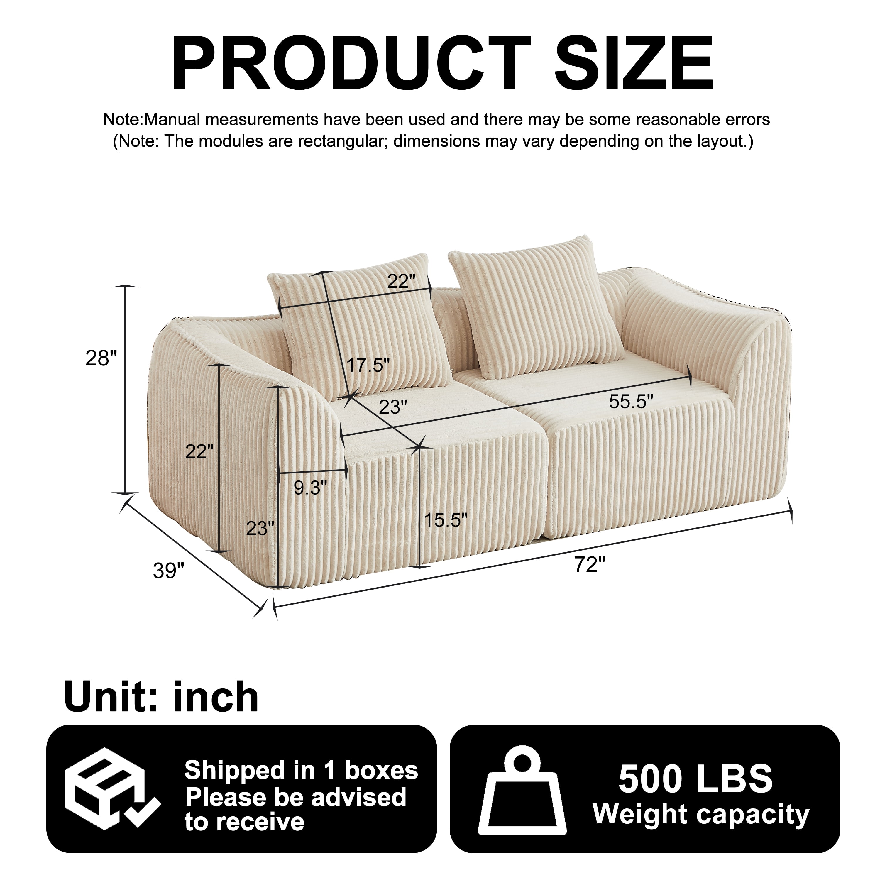 Leumius Corduroy Sofa for Living Room, Boneless Loveseat Couch with Gently Sloped Backrest and 2 Pillows,No Assembly,Beige(2 Seat)
