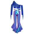 thumbnail image 4 of SiiRoh Girls Jazz Tango Disco Dance Outfit Oblique Shoulder Tassel Sequin Crop Top and Metallic Flare Pants Set Royal Blue 14, 4 of 6