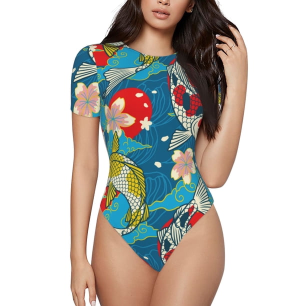 Fotbe Japanese Koi Body de Mujer con Cuello Redondo y Mangas Cortas, Sin Mangas Ajustado, Suave, Cómodo y Básico-Small