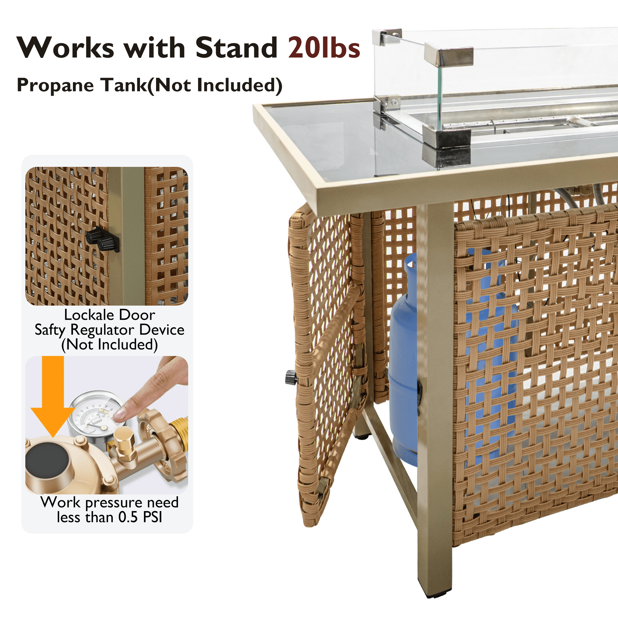 CoSoTower 43" Propane Gas Fire Pit Table, 60000 BTU Rectangular Open Weave Wicker Fire Pit with Glass Wind Guard for Outside Patio Deck Garden Backyard - Orange & Mustard Yellow