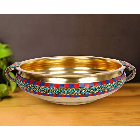 Huge Basket - Multicolor Gemstone Handwork Brass Traditional Urli Bowl Showpiece for Floating Flowers