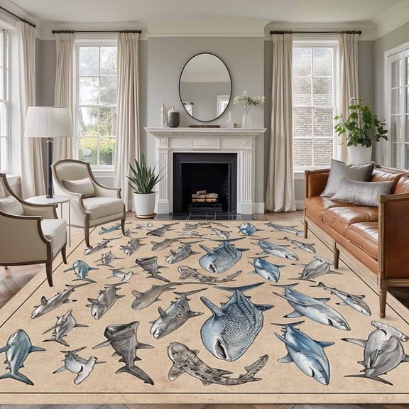 6'x9' Area Rugs, Ocean Sharks Indoor Outdoor Area Rug for Living Room Bedroom, Vintage Coastal Underwater Animals Brown Washable Bathroom Rugs Kitchen Floor Carpet Mats Home Decor Aesthetic