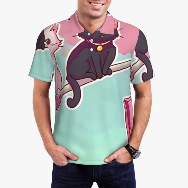 Balery Cats On Broomstick Camisa Polo de Hombre con Estampado, de Manga Corta y Tejido Medio, Camisa Tipo Golf Polo-3X-Large