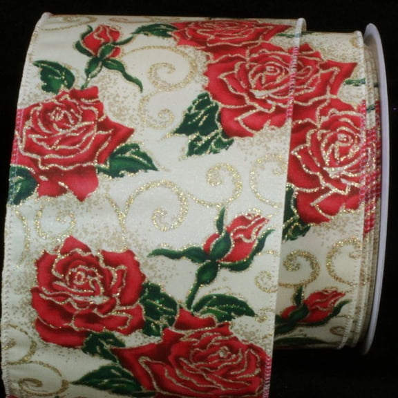 The Ribbon People White and Red Rose Printed Wired Craft Ribbon 4" x 20 Yards