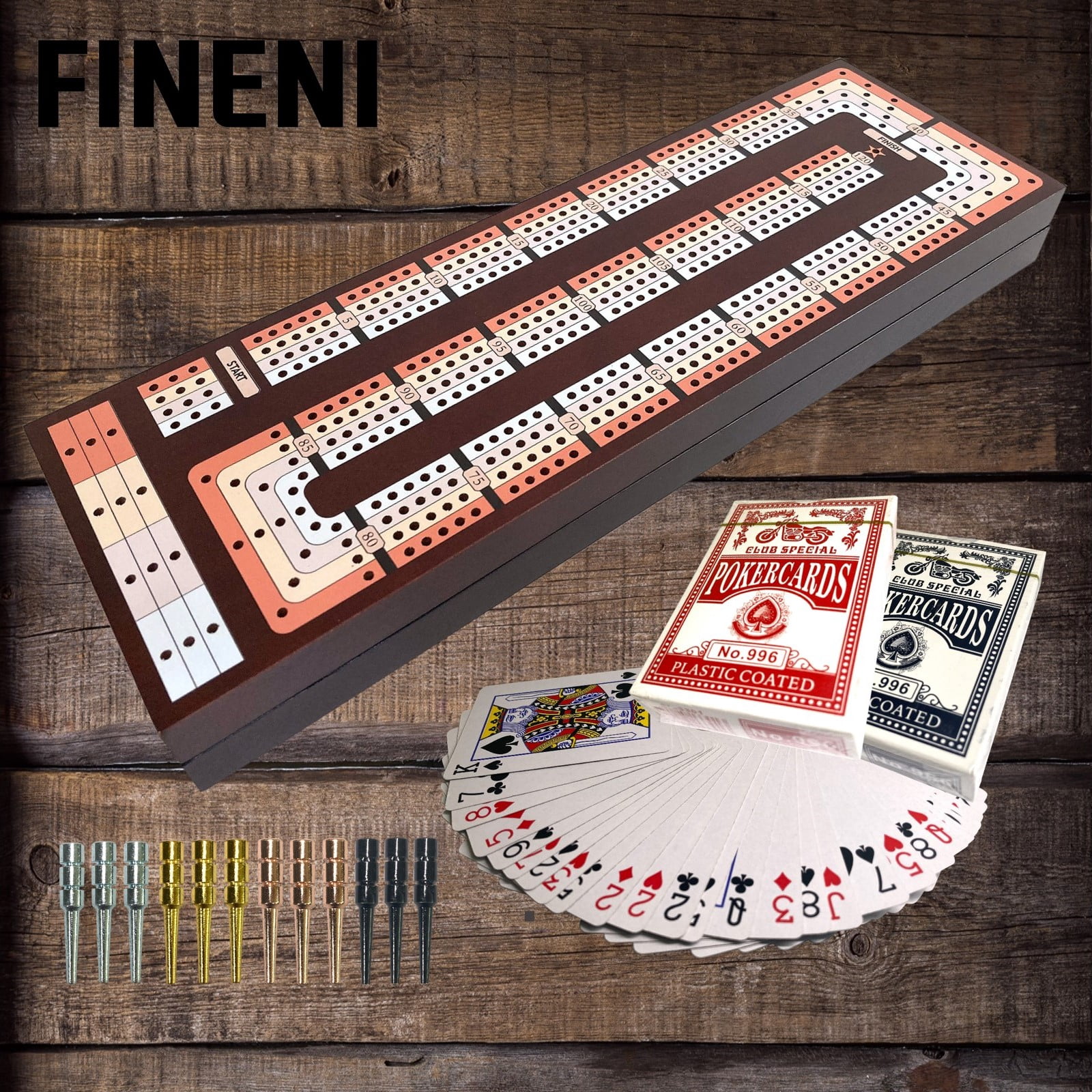 FINENI 4 Track Cribbage Board Game Set, Premium Wooden Board with Magnetic Lock, 12 Metal Pegs, 2 Playing Cards with Large Storage & Travel Portable – Continuous 4 Track Board