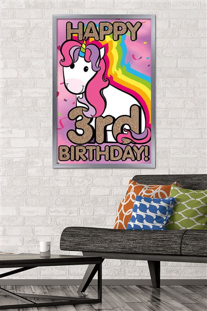Ellie Ripberger Unicorn - Happy 3rd Birthday Wall Poster, 22.375" x 34", Framed